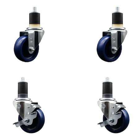 Service Caster 3.5'' SS Solid Poly Wheel Swivel 1-7/8'' Expanding Stem Caster Set 2 Brakes, 4PK SCC-SSEX20S3514-SPUS-2-TLB-2-178